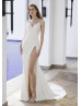 Beaded Ivory Ruched Satin High Slit Sexy Wedding Dress Beaded Ivory Ruched Satin High Slit Sexy Wedding Dress